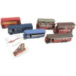 Five kit-built metal and one plastic bus, includes Anbrico Scale Models London Transport bus.