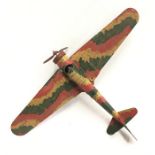 Mettoy or similar tinplate military aircraft in green/red/yellow camouflage livery with clockwork