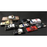 Nine Japanese and other tinplate emergency vehicles, includes large scale Ichiko Highway Patrol