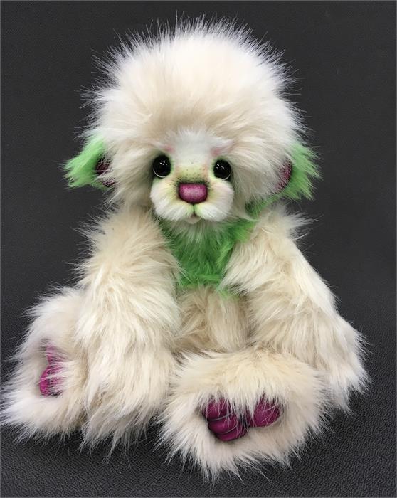 Kim Gallimore One Of A Kind Collector's Teddy Bear, with cream and green faux fur and pink paws,