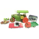 Selection of tinplate and plastic toys and tins, includes Schuco Motorcycle 1012 (parts missing) and