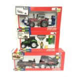 Three Britains Tractors: 9627 Valmet Logging Tractor and Trailer (split to box window); 9607