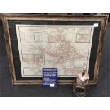 Framed Great Western Railway map. Together with a hand held railway lamp and a Great Eastern Railway