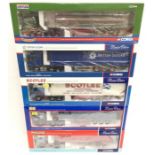 Five Corgi 1/50 scale trucks: CC12221 Scania 4 Series Curtainside - British Sugar; CC12420 Volvo