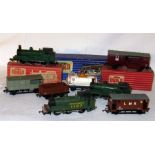 HORNBY DUBLO 2R and WRENN - 3 x 0-6-0T's, 5 x Goods Wagons and an empty Locomotive Box - Hornby