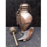 Three pieces of Oriental metal ware to include lidded pot (af). Tibetan prayer wheel and a chinese