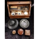 A roll top stationary box with inkwell and other items, tyre ashtray,morrocco leather box ,dip