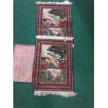 A pair of Persian fine needlework rugs decorated with scenes of sheep with a chenille design throw