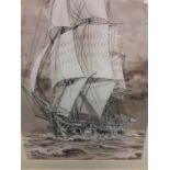 A watercolour wash picture of a sailing ship by W L Wyllie label on back states for the officers