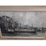 An oil on canvas of a barge on a river signed Alan Simpson.