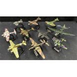 Ten diecast World War Two model aircraft on display stands - RAF, German and Japanese Bombers.