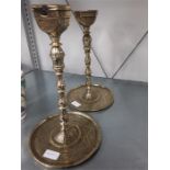 Two indian brass benares l engraved large candlesticks /oil .lamps.