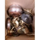 A box of metal ware to include trays, bowls, ornaments etc.