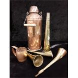 A copper thermos flask with car/hunting horns and a copper mug.