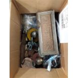 A box of various collectables including oil lamp decorated classical figures sandlewood box, deco