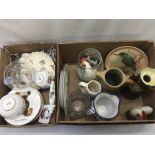 Two boxes of assorted china and glassware.