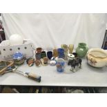 An assorted lot including vintage badminton rackets, chinaware and a JVC video camera.