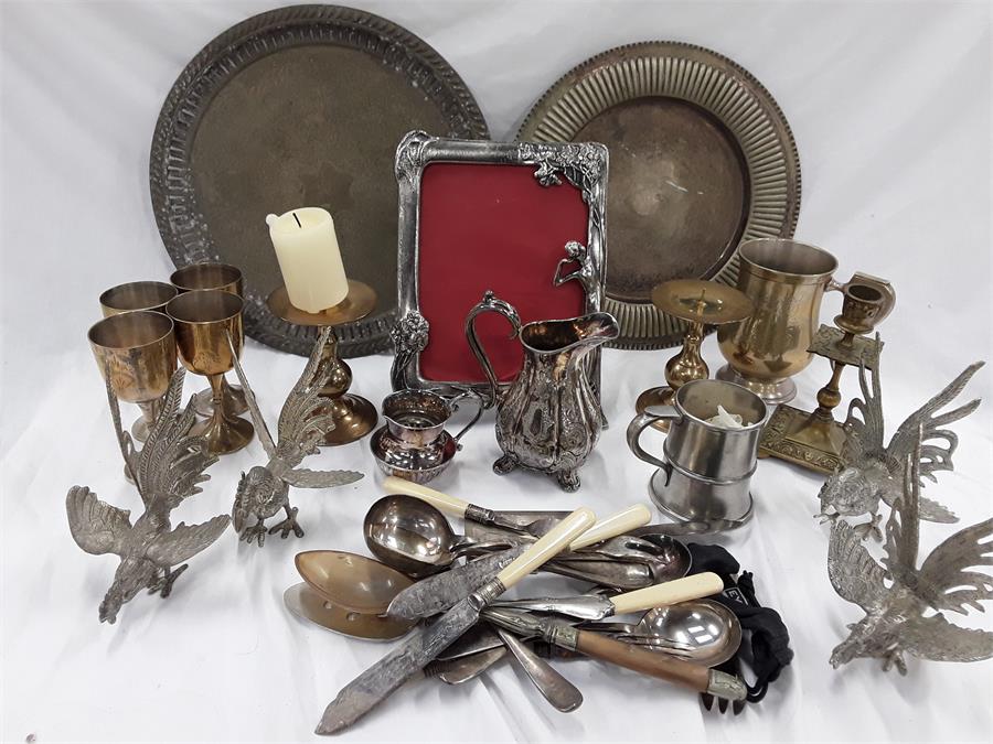 Various metal items to include silver plate jugs, photo frame, trays and cutlery together with brass