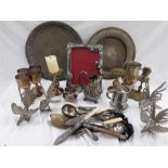 Various metal items to include silver plate jugs, photo frame, trays and cutlery together with brass