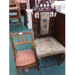 A mahogany hall chair together with a child's bamboo chair.