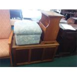 An oak blanket storage box together with a magazine rack and footstool.