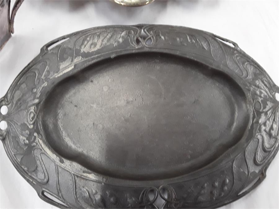 Metal items to include a silver plate tray, dish, a pewter tray and other items. - Image 2 of 3