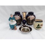 Two German transferred urns, glass Venetian style vase, a Torquay jug and a Royal Doulton figure The