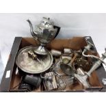 A box of silver plate items.