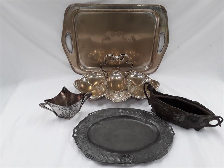 Metal items to include a silver plate tray, dish, a pewter tray and other items.