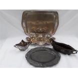 Metal items to include a silver plate tray, dish, a pewter tray and other items.