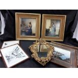 Various pictures together with a ornate gold framed mirror.