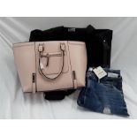 A black holdall on wheels, a New Look handbag together with a pair of River Island Alannah mid