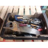 A box of various hand tools.