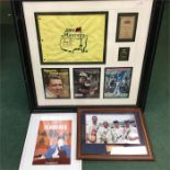 Two golf and cricket collectors pictures together with a framed poster.