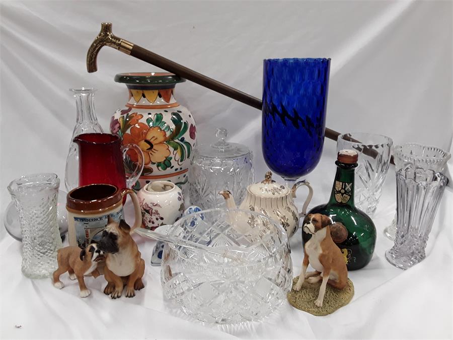 A box of various items to include glassware bowls, vases, decanter, biscuit barrel, ornaments of
