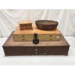 Two wooden boxes, a large cutlery canteen (no cutlery) an ornamental figure and a carved wooden