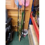 Two fishing rods with reels, keep net, childrens nets and crabbing buckets. (ag144619/ag144774).