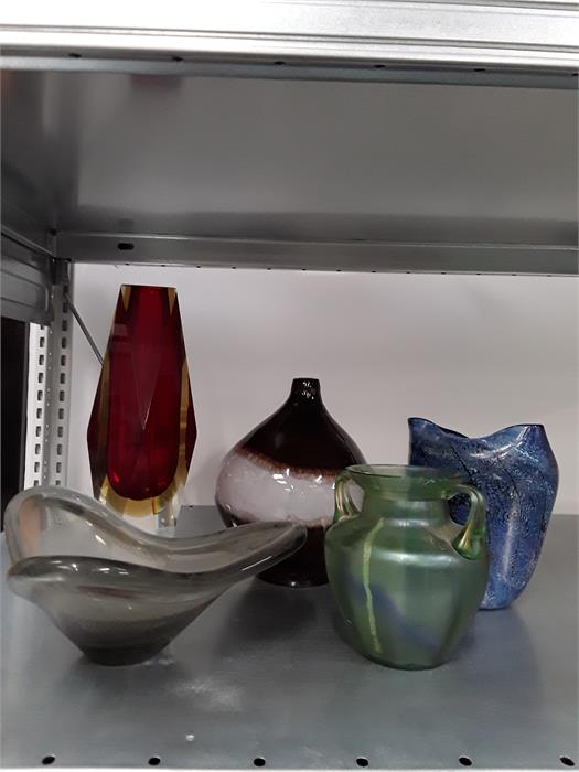 A collection of five glass 1950's vases and bowls.