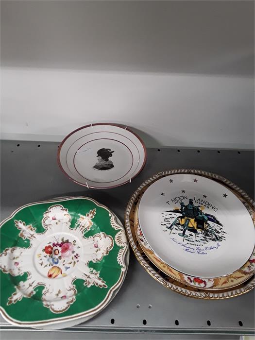 A quantity of china plates, an English luster transfer decorated plate of Queen Caroline to