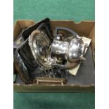 A box of silver plate. to inc toast rack,, coffee pot baskets, cased sets etc