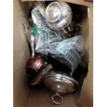 A box of mixed silver plate. to include cruet set, muffin dish etc