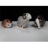 Royal Crown Derby paperweights consisting of a Badger, Premiere Ram and Orchard Hedgehog.