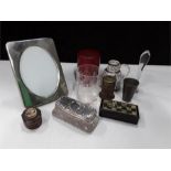 A small quantity of collectables to include a trinket box, frame, Sampsons jug, glass cup in leather