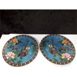 A pair of Chinese Cloisonne enameled pheasant and flower decorated plates.