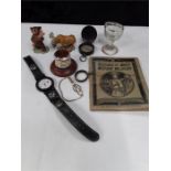 A small tub of collectables watch, glass, compass, eye bath etc