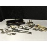 Silver items inc pill box,, button hook, baby spoon, cufflinks, plated spoon fork etc