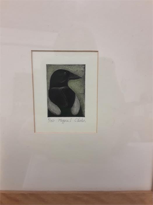 A pair of paintings on material depicting crows with one other, "Magpie". etching signed.