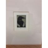 A pair of paintings on material depicting crows with one other, "Magpie". etching signed.