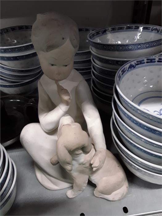 A large collection of Chinese bowls rice pattern soup set etc, with a Lladro figurine. - Image 3 of 3