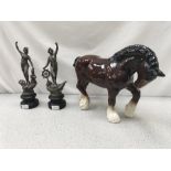 An ornamental Shire horse together with two cast aluminium figures.